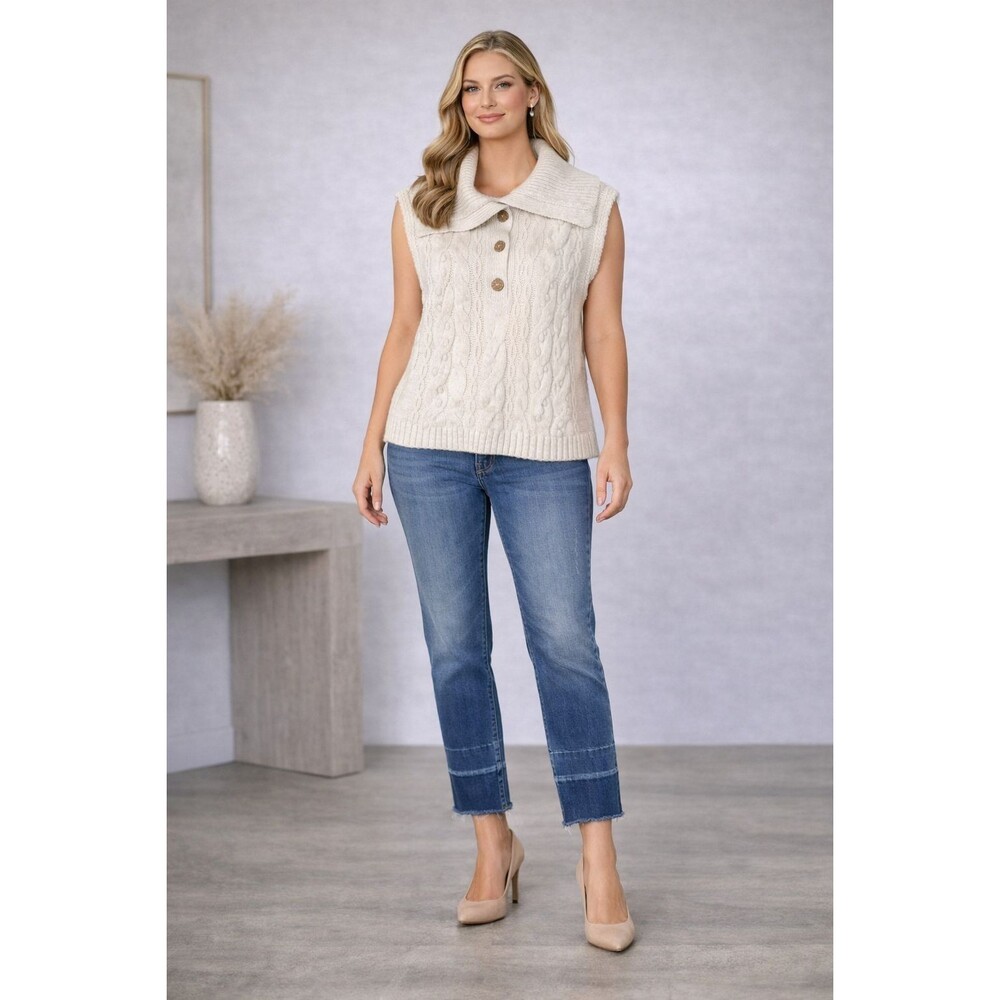 ANTHROPOLOGIE Cable Knit Sweater Vest MEDIUM Ivory Button‎ Mock Neck Turkey